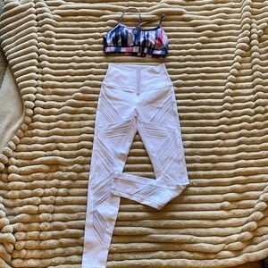 Lululemon Sports Bra, Tie-Dye, Pink, Purples, Navy, And Alo White Leggings